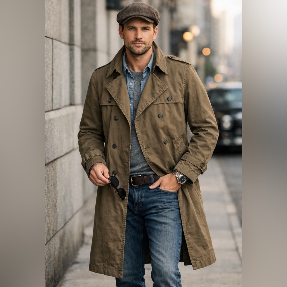 Vintage Adolfo Men’s Trench Coat 44R Olive Brown Double Breasted Removable Liner